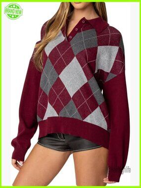 Y2k Argyle Plaid Sweater Vintage Preppy Knitted Chunky Baggy Pullover